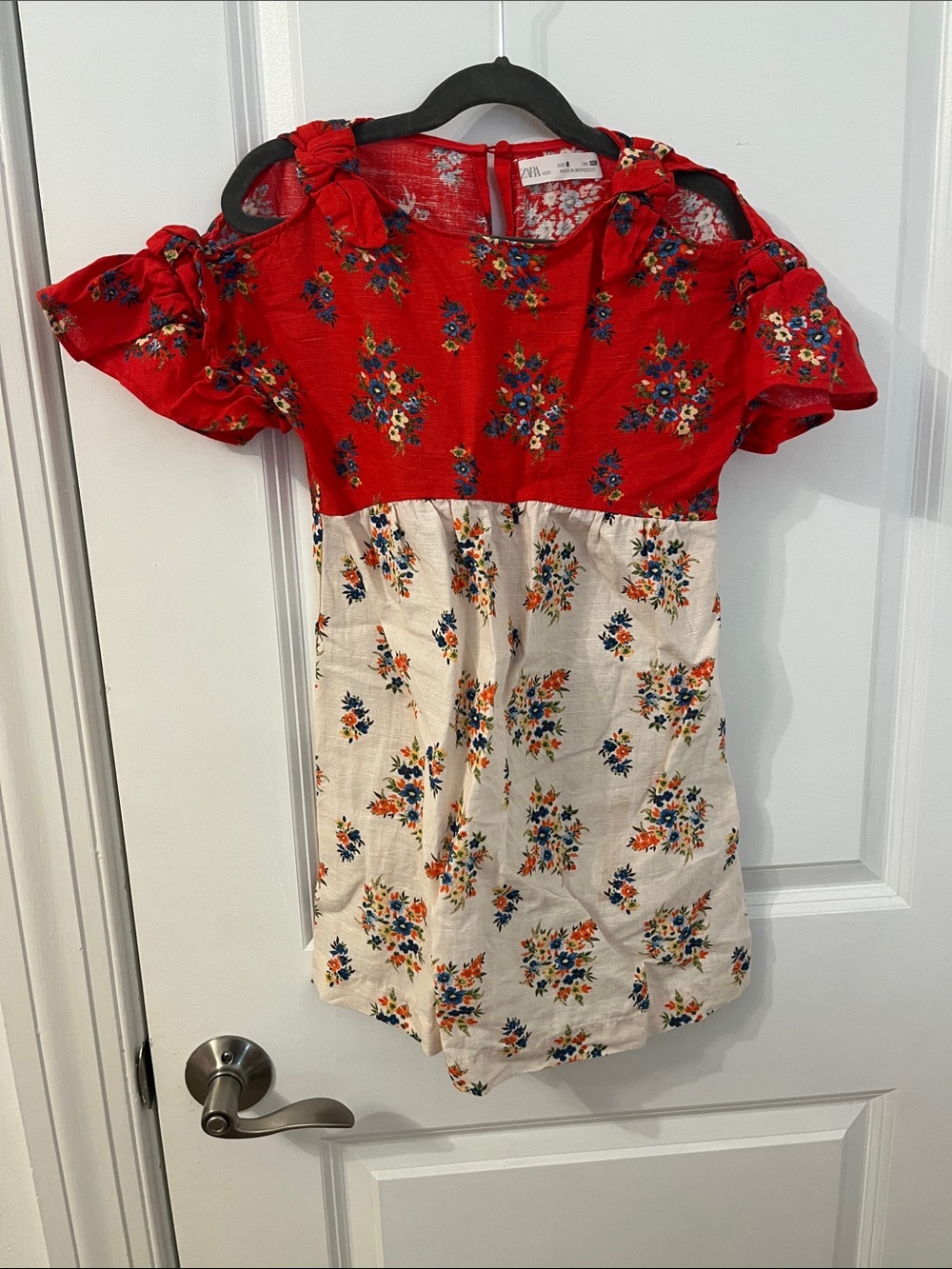 Zara Girls Red & Cream Floral Cold-Shoulder Dress